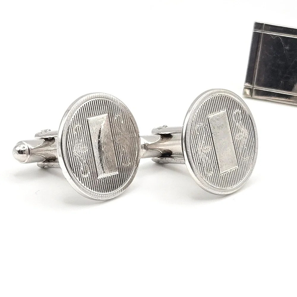 Vintage Silver Tone Cufflinks Set Round Hickok USA Engraved and Square Geometric